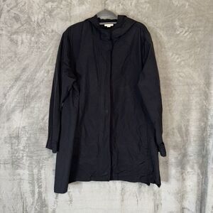 Pure Jill Black Nylon Full Zip Snap Windbreaker Size Large Hooded Lightweight